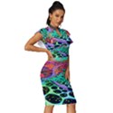 Psychedelic Blacklight Drawing Shapes Art Vintage Frill Sleeve V-Neck Bodycon Dress View3