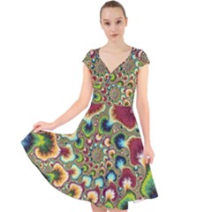 Colorful Psychedelic Fractal Trippy Cap Sleeve Front Wrap Midi Dress by Modalart