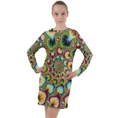 Colorful Psychedelic Fractal Trippy Long Sleeve Hoodie Dress by Modalart