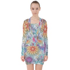 Psychedelic Flowers Yellow Abstract Psicodelia V-neck Bodycon Long Sleeve Dress by Modalart