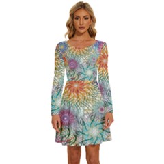 Psychedelic Flowers Yellow Abstract Psicodelia Long Sleeve Wide Neck Velvet Dress by Modalart