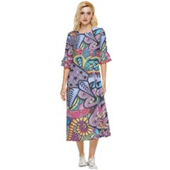 Psychedelic Flower Red Colors Yellow Abstract Psicodelia Double Cuff Midi Dress by Modalart