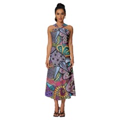 Psychedelic Flower Red Colors Yellow Abstract Psicodelia Sleeveless Cross Front Cocktail Midi Chiffon Dress by Modalart