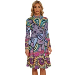 Psychedelic Flower Red Colors Yellow Abstract Psicodelia Long Sleeve Shirt Collar A-line Dress by Modalart