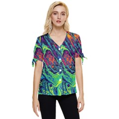 Color Colorful Geoglyser Abstract Holographic Bow Sleeve Button Up Top by Modalart