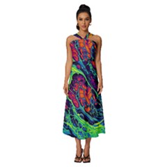Color Colorful Geoglyser Abstract Holographic Sleeveless Cross Front Cocktail Midi Chiffon Dress by Modalart