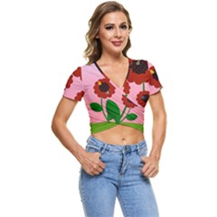 Flowers Butterflies Red Flowers Short Sleeve Foldover T-shirt by Sarkoni