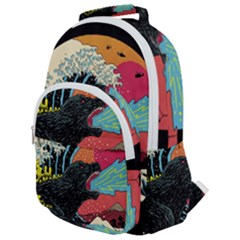 Retro Wave Kaiju Godzilla Japanese Pop Art Style Rounded Multi Pocket Backpack by Modalart