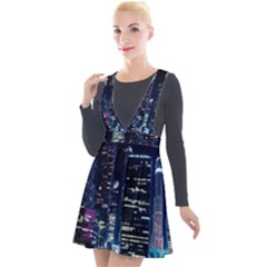 Black Building Lighted Under Clear Sky Plunge Pinafore Velour Dress by Modalart