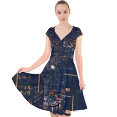 Photo Of Buildings During Nighttime Cap Sleeve Front Wrap Midi Dress by Modalart