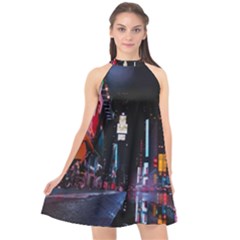 Roadway Surrounded Building During Nighttime Halter Neckline Chiffon Dress  by Modalart