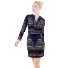 Blue Yellow And Green Lighted Pagoda Tower Button Long Sleeve Dress by Modalart