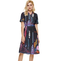 Roadway Surrounded Building During Nighttime Button Top Knee Length Dress by Modalart