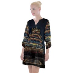 Blue Yellow And Green Lighted Pagoda Tower Open Neck Shift Dress by Modalart