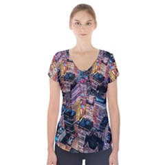 Aerial Photo Of Cityscape At Night Short Sleeve Front Detail Top by Modalart