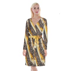 Yellow And Black Bees On Brown And Black Long Sleeve Velvet Front Wrap Dress by Ndabl3x