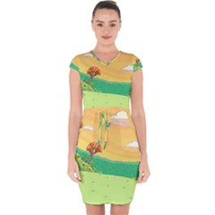 Green Field Illustration Adventure Time Multi Colored Capsleeve Drawstring Dress  by Sarkoni