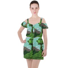 Adventure Time Cartoon Green Color Nature  Sky Ruffle Cut Out Chiffon Playsuit by Sarkoni