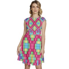 Checkerboard Squares Abstract Texture Pattern Cap Sleeve High Waist Dress by Apen