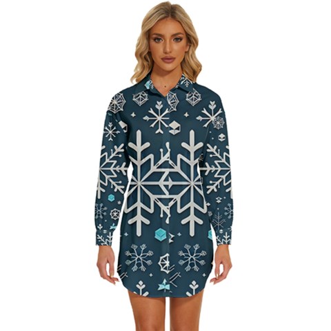 Snowflakes Pattern Womens Long Sleeve Shirt Dress by Modalart