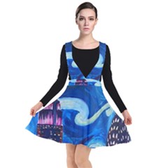 Starry Night In New York Van Gogh Manhattan Chrysler Building And Empire State Building Plunge Pinafore Dress by Modalart