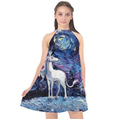 Unicorn Starry Night Print Van Gogh Halter Neckline Chiffon Dress  by Modalart