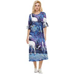 Unicorn Starry Night Print Van Gogh Double Cuff Midi Dress by Modalart