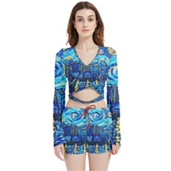 Starry Night Van Gogh Painting Art City Scape Velvet Wrap Crop Top And Shorts Set by Modalart
