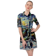 The Great Wall Nature Painting Starry Night Van Gogh Belted Shirt Dress by Modalart
