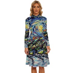 The Great Wall Nature Painting Starry Night Van Gogh Long Sleeve Shirt Collar A-line Dress by Modalart