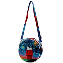 Red House Dog Cartoon Starry Night Crossbody Circle Bag by Modalart