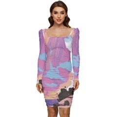 Pink Mountains Grand Canyon Psychedelic Mountain Women Long Sleeve Ruched Stretch Jersey Dress by Modalart