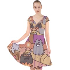 Pusheen Cute Fall The Cat Cap Sleeve Front Wrap Midi Dress by Modalart