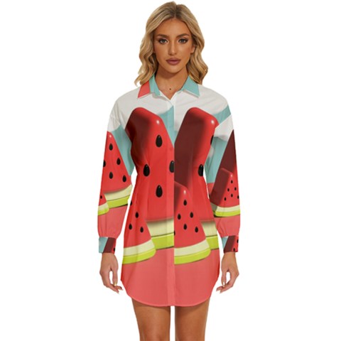 Watermelon Fruit Womens Long Sleeve Shirt Dress by Modalart