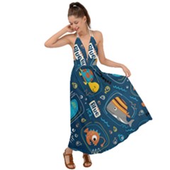 Seamless Pattern Vector Submarine With Sea Animals Cartoon Backless Maxi Beach Dress by Bedest