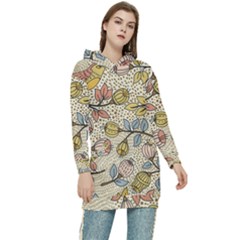 Seamless Pattern With Flower Bird Women s Long Oversized Pullover Hoodie by Bedest