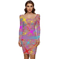 Geometric Abstract Colorful Women Long Sleeve Ruched Stretch Jersey Dress by Pakjumat