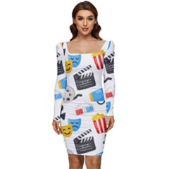 Cinema Icons Pattern Seamless Signs Symbols Collection Icon Women Long Sleeve Ruched Stretch Jersey Dress by Pakjumat