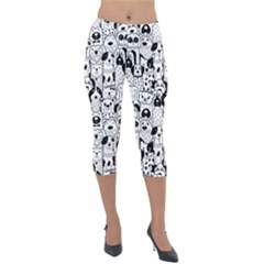Seamless Pattern With Black White Doodle Dogs Lightweight Velour Capri Leggings  by Grandong
