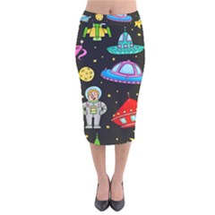 Seamless Pattern With Space Objects Ufo Rockets Aliens Hand Drawn Elements Space Velvet Midi Pencil Skirt by Hannah976