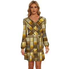 Golden Mosaic Tiles  Long Sleeve Waist Tie Ruffle Velvet Dress by essentialimage