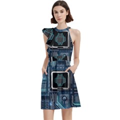Circuit Board Motherboard Cocktail Party Halter Sleeveless Dress With Pockets by Cemarart