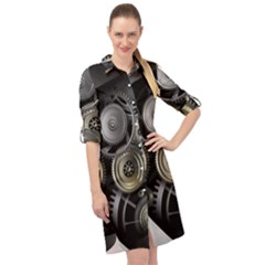 Abstract Style Gears Gold Silver Long Sleeve Mini Shirt Dress by Cemarart