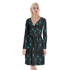 Space Time Abstract Pattern Alien Dark Green Pattern Long Sleeve Velvet Front Wrap Dress by Cemarart