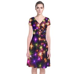 Star Colorful Christmas Xmas Abstract Short Sleeve Front Wrap Dress by Cemarart