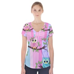 Owls Family Stripe Tree Short Sleeve Front Detail Top by Bedest