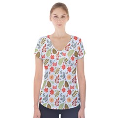 Background Pattern Flowers Design Leaves Autumn Daisy Fall Short Sleeve Front Detail Top by Maspions