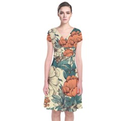 Flowers Pattern Texture Art Colorful Nature Painting Surface Vintage Short Sleeve Front Wrap Dress by Maspions