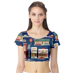 Cars Snow City Landscape Vintage Old Time Retro Pattern Short Sleeve Crop Top by Maspions