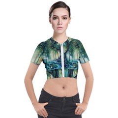 Trees Forest Mystical Forest Background Landscape Nature Short Sleeve Cropped Jacket by Maspions